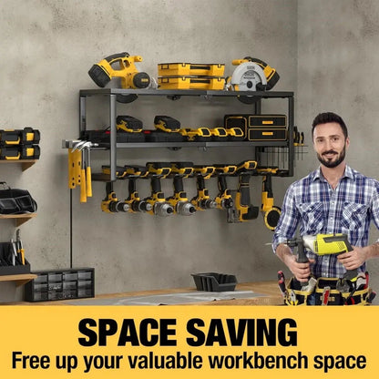 Power tool storage rack mounted on garage wall holding cordless drills and chargers