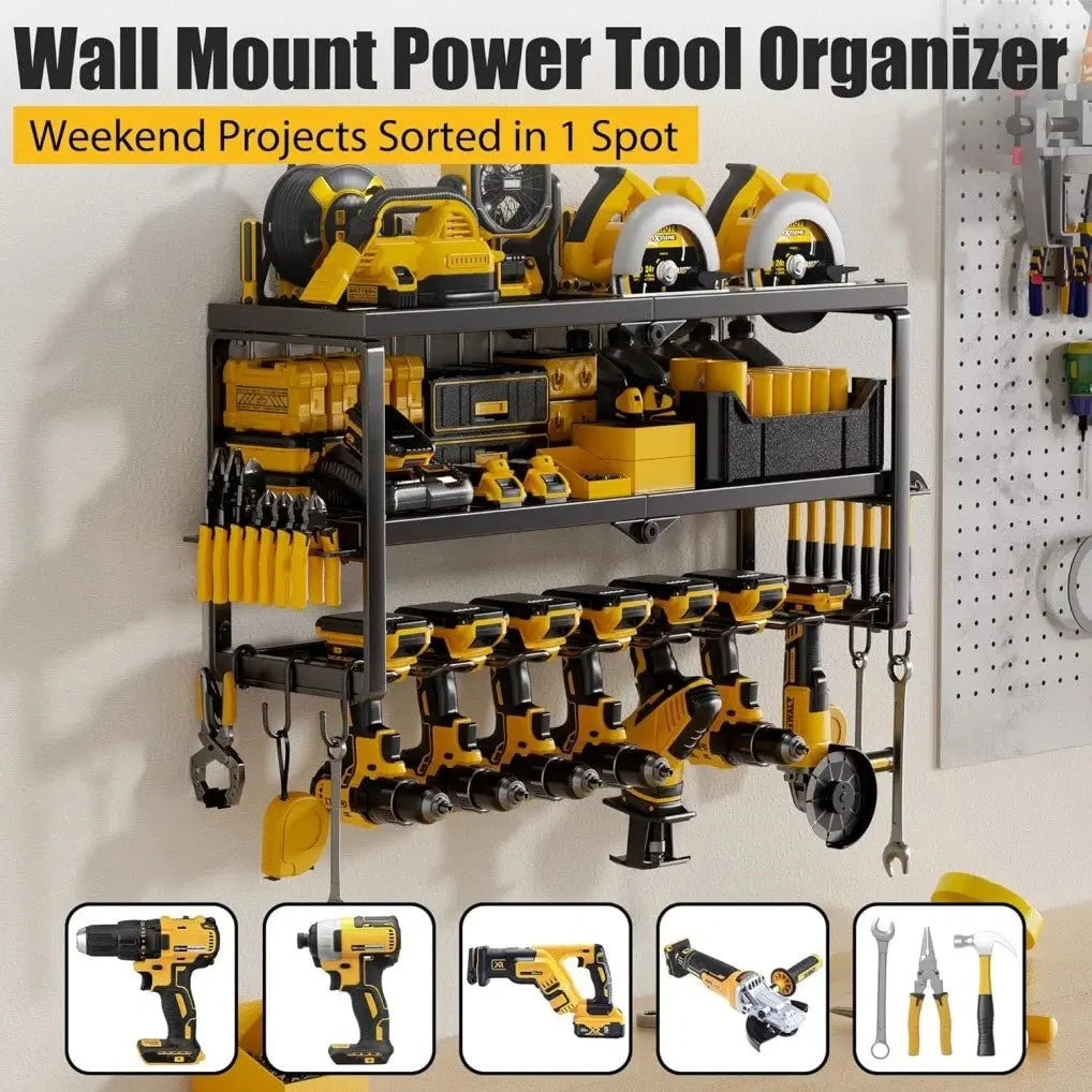 Close-up of 7 drill holder slots on wall mounted tool organizer for cordless drills