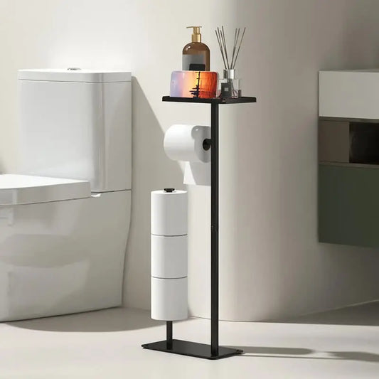 Matte black freestanding toilet paper holder with top storage shelf for bathroom