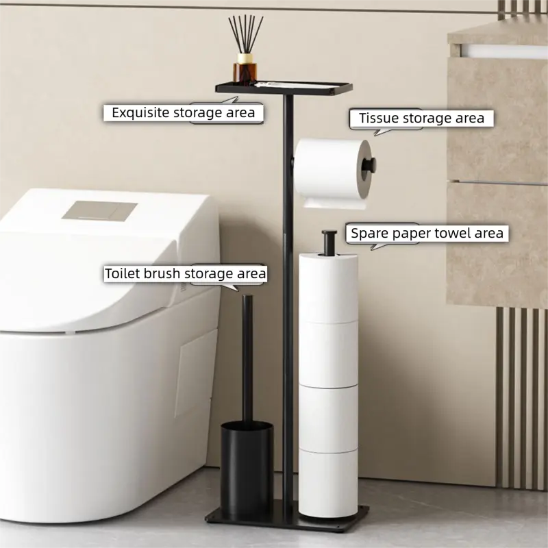 Fingerprint resistant matte black finish on bathroom toilet paper stand