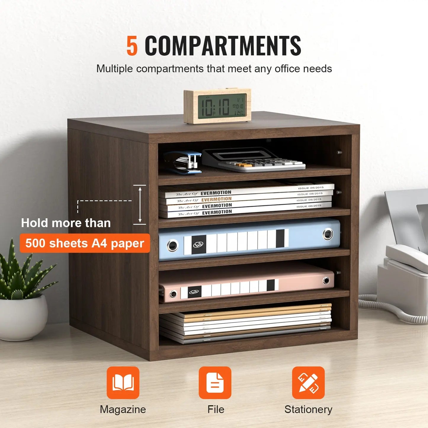 VEVOR 5-Compartment Wooden File Organizer – Adjustable Home Office Storage (Brown)