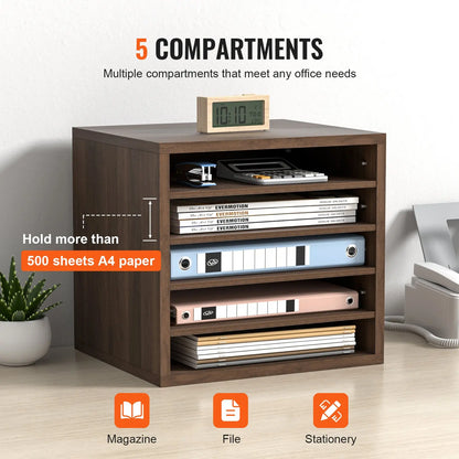 VEVOR 5-Compartment Wooden File Organizer – Adjustable Home Office Storage (Brown)