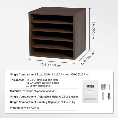 VEVOR 5-Compartment Wooden File Organizer – Adjustable Home Office Storage (Brown)