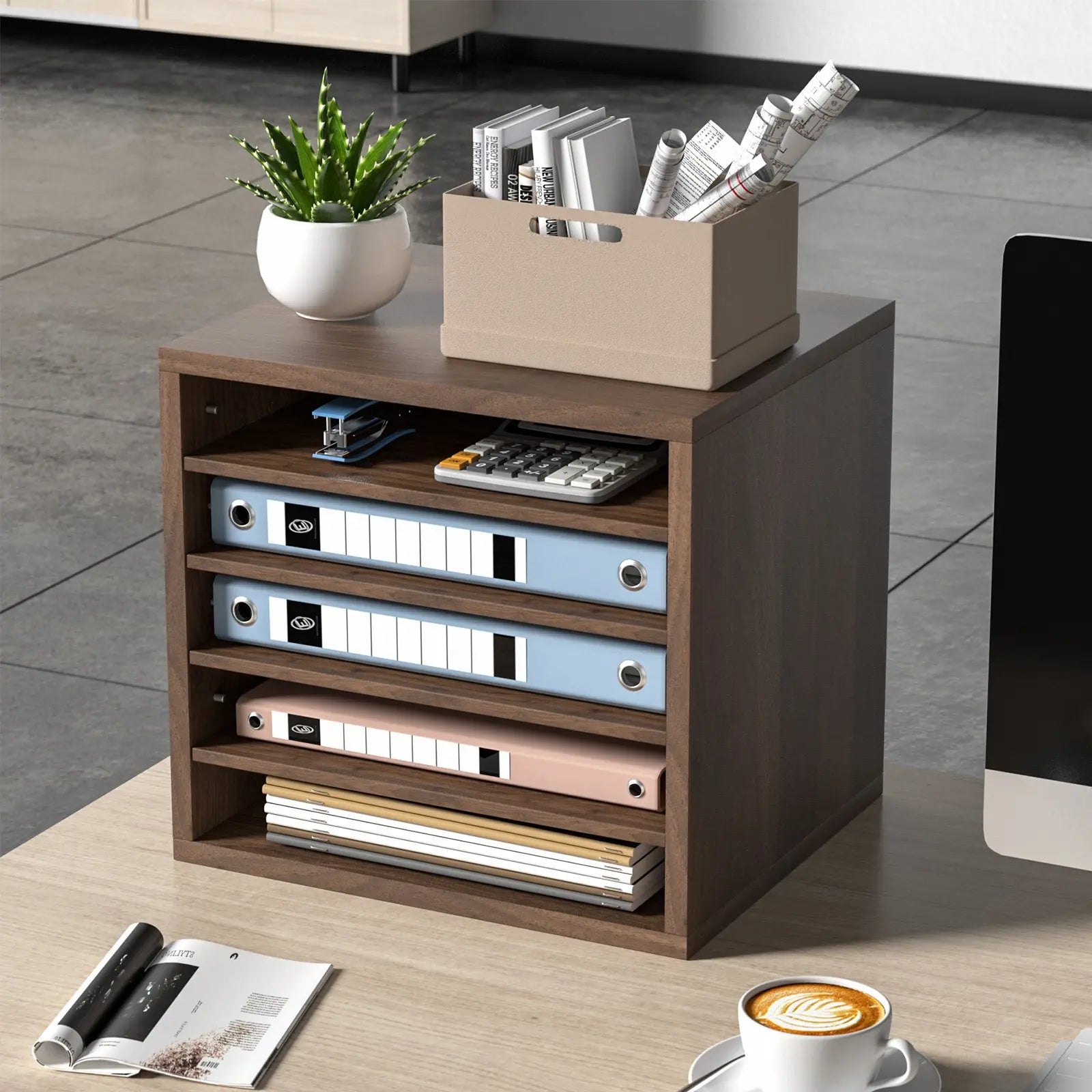 Wooden 5-tier desktop file organizer with adjustable shelves – perfect for home office