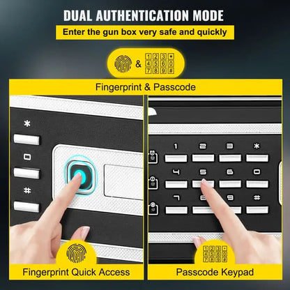 Fingerprint biometric access on home safe showing finger on sensor with door opening