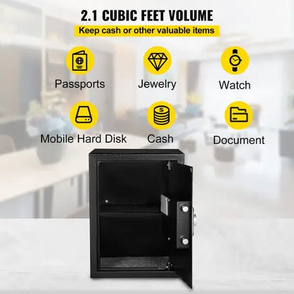 Safe interior open showing 59 litre capacity with passports documents watches jewellery and cash storage