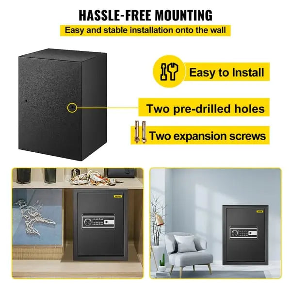 Home safe installed wall mounted in bedroom or wardrobe showing pre-drilled holes and expansion bolts