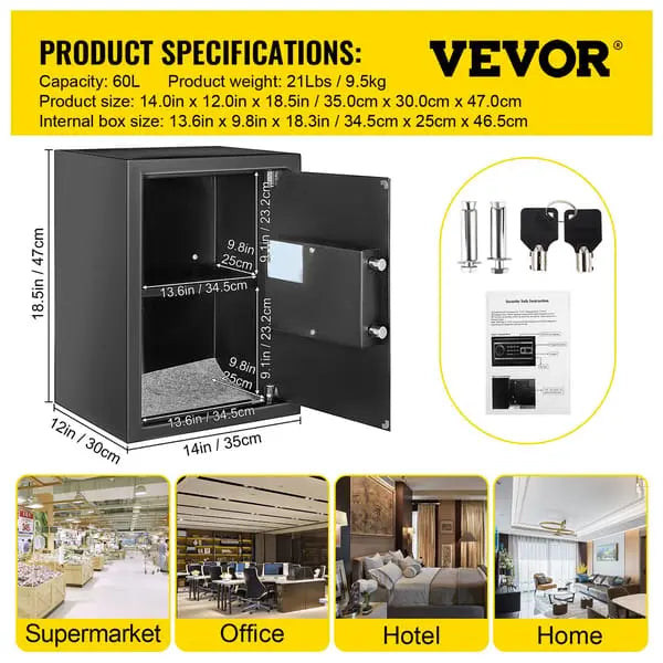 Home Safe with Fingerprint, Digital Keypad & Key - 59L, Q235 Steel, Wall or Floor Mount | 35×30×47cm