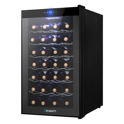 Wine fridge interior showing 28 bottles stored on chrome pull-out racks with LED lighting temperature controlled