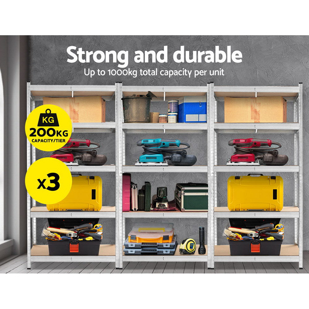 Giantz 3x Warehouse Shelving Racks – Heavy-Duty 180cm Steel Garage Storage Shelves (Silver, 1000kg Capacity)
