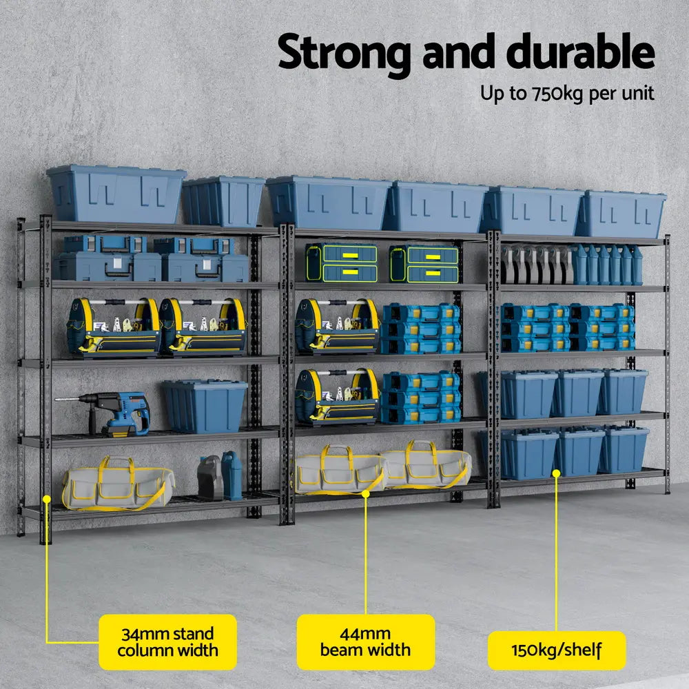 Three Giantz garage shelving racks fully loaded with tools storage bins and equipment