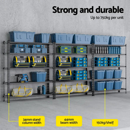 Three Giantz garage shelving racks fully loaded with tools storage bins and equipment