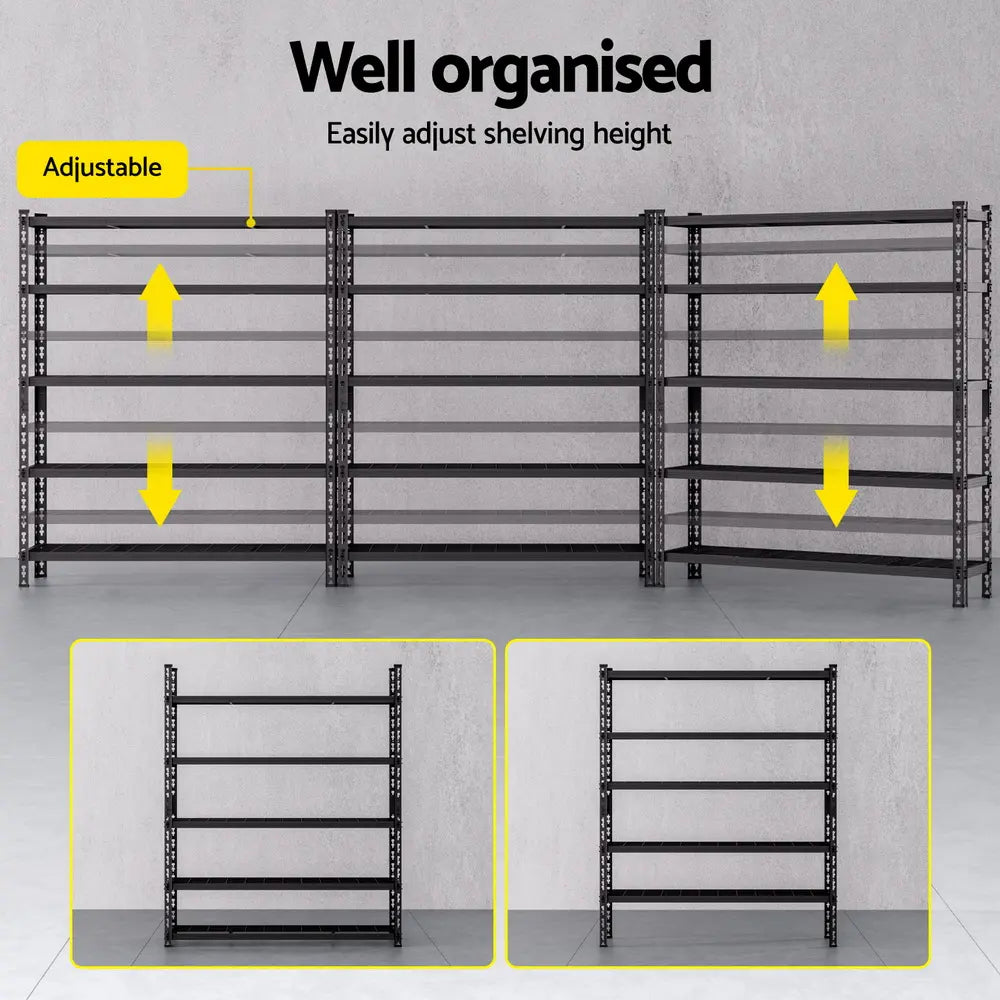 Adjustable shelf height on Giantz boltless steel garage shelving unit