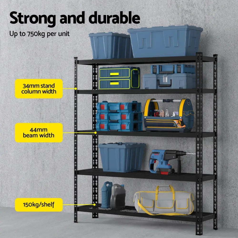 Shelving racks loaded with toolboxes, storage bins, paint cans demonstrating 150kg per shelf capacity