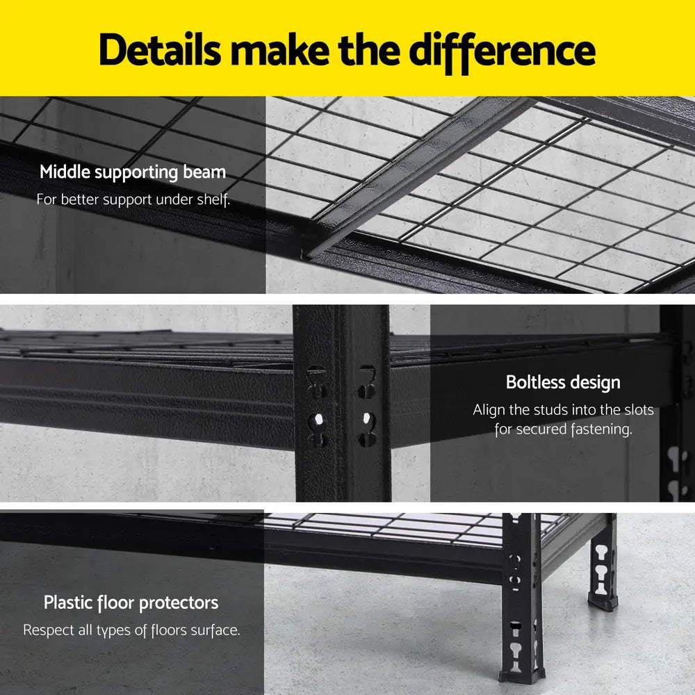 Close-up of boltless beam-and-post assembly system showing adjustable shelf height positions