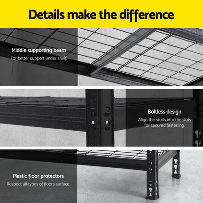 Close-up of boltless beam-and-post assembly system showing adjustable shelf height positions