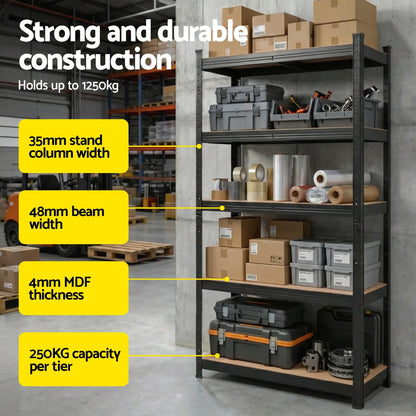 Heavy Duty Garage Shelving 160cm – 5 Tier Giantz Storage Rack Black & Yellow 1250kg