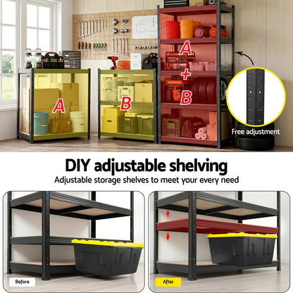 Heavy Duty Garage Shelving 160cm – 5 Tier Giantz Storage Rack Black & Yellow 1250kg