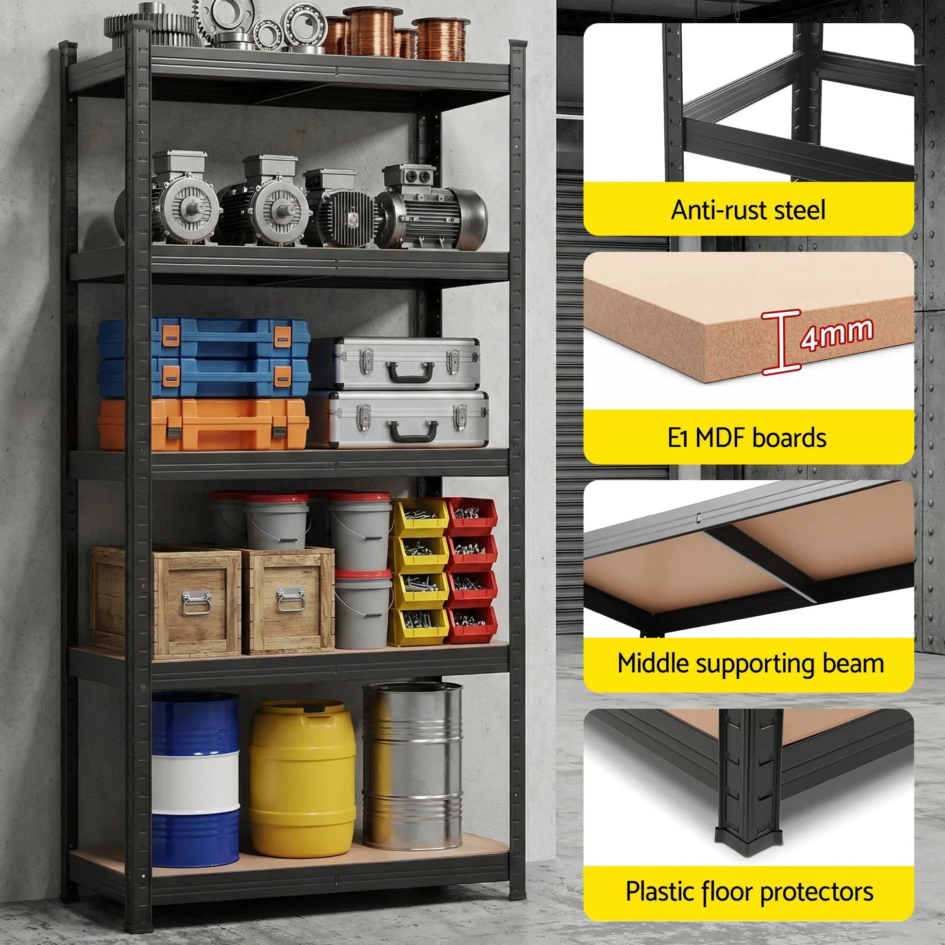 Powder coated steel garage shelving with MDF shelves