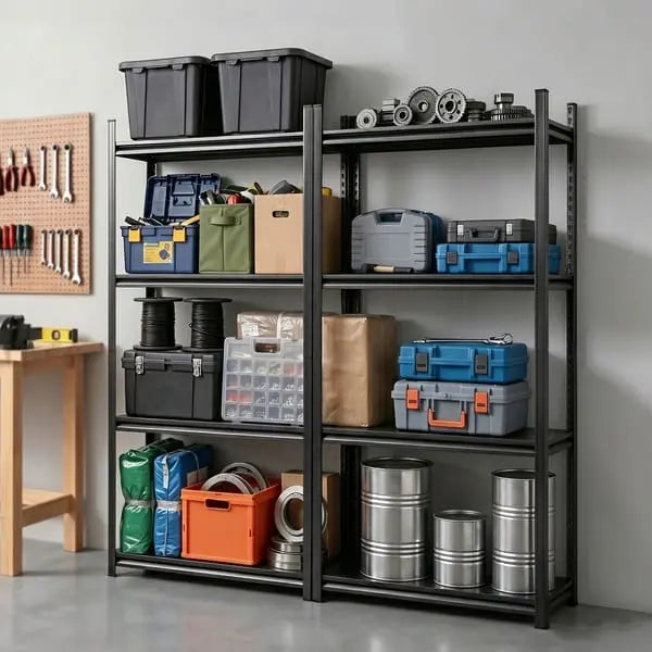 Two Giantz steel garage shelving units installed side by side covering full 1.8m garage wall