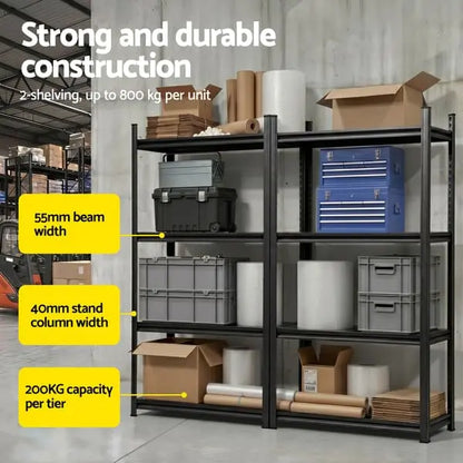 Giantz 2-Pack Steel Garage Shelving - 1.8m Wide, 200kg Per Shelf, All-Steel Boards | Workshop & Warehouse Rack