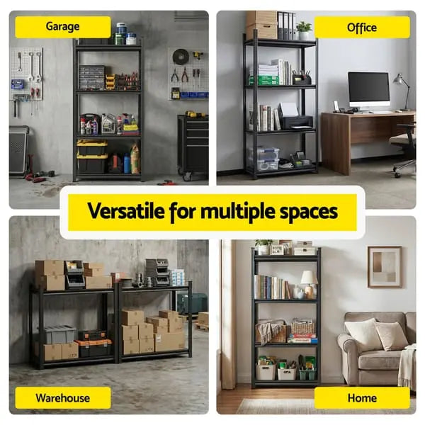 Giantz steel garage shelving loaded with engine parts toolboxes automotive supplies showing 200kg capacity