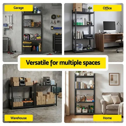 Giantz steel garage shelving loaded with engine parts toolboxes automotive supplies showing 200kg capacity