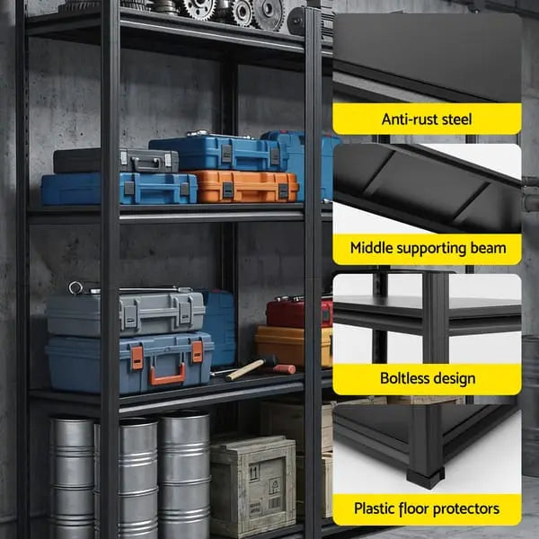 Reinforced middle support beam on Giantz steel garage shelving rack for stability under heavy loads