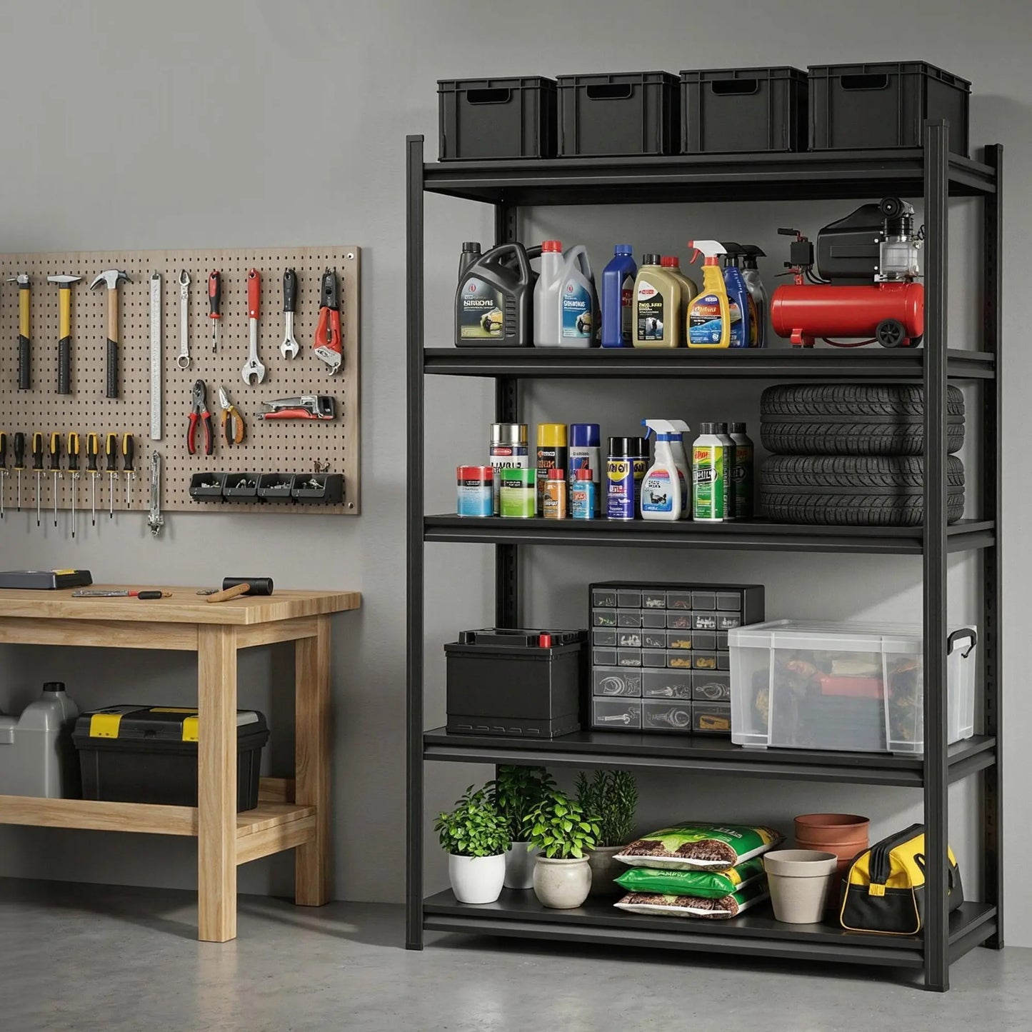 Heavy duty garage shelving 750kg capacity holding tools and equipment