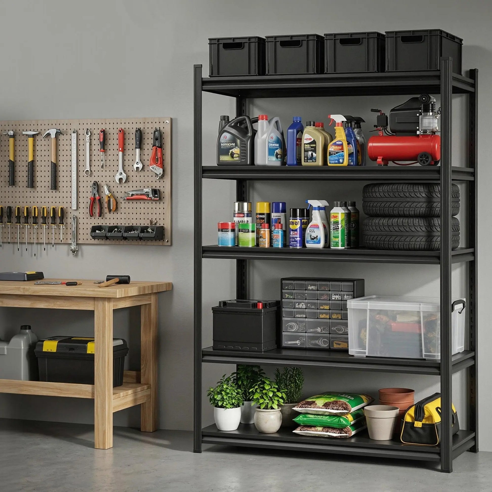 Heavy duty garage shelving 750kg capacity holding tools and equipment