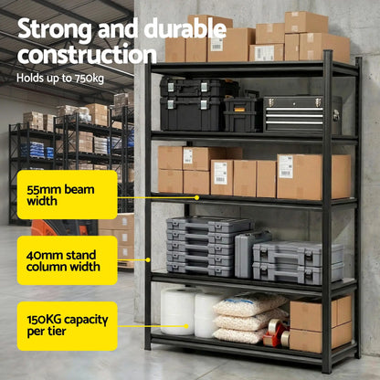 Giantz 5-Tier Steel Garage Shelving Unit 1.8x1.2m - 750kg Heavy Duty Workshop Storage Rack