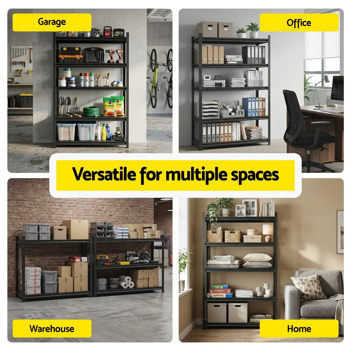 Organised garage workshop with Giantz steel shelving storing tools and equipment Australia