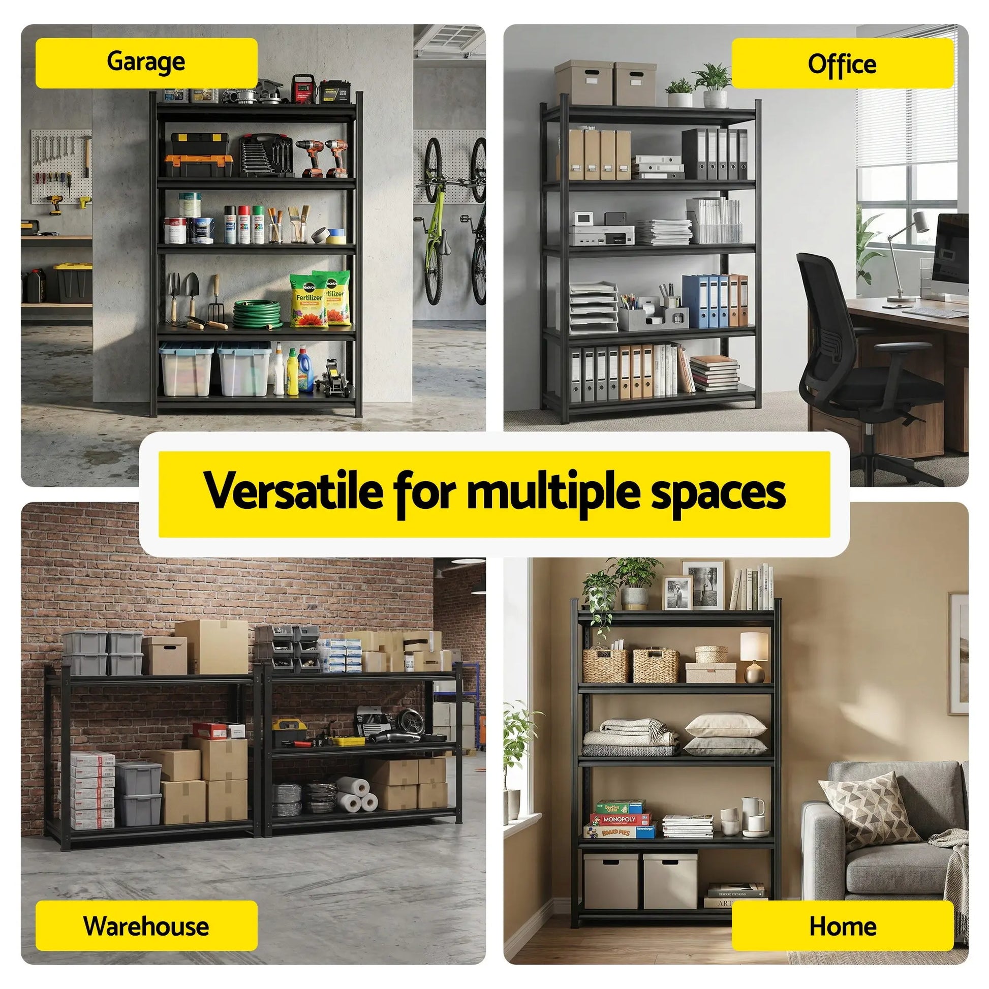 Organised garage workshop with Giantz steel shelving storing tools and equipment Australia