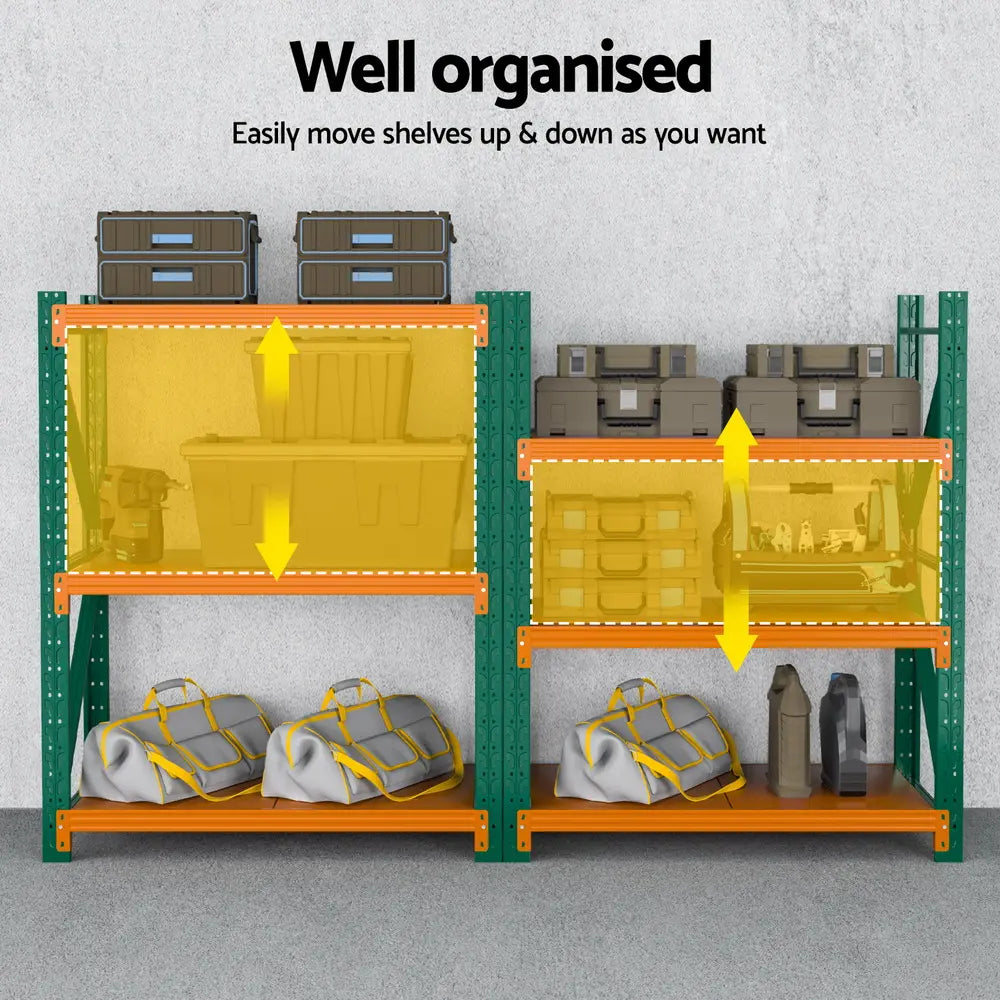 Easy assembly garage shelving with adjustable shelf heights