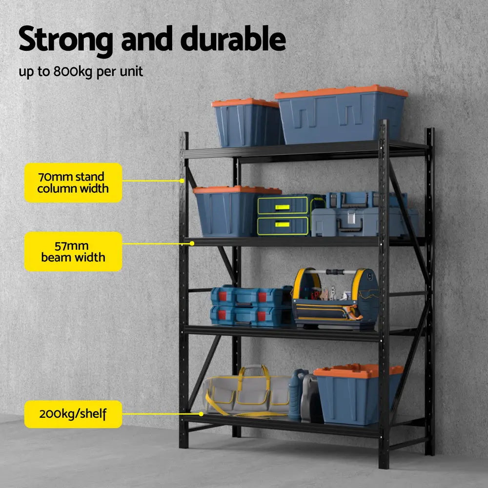 Garage shelving loaded with toolboxes, paint cans, storage bins demonstrating 200kg per shelf capacity