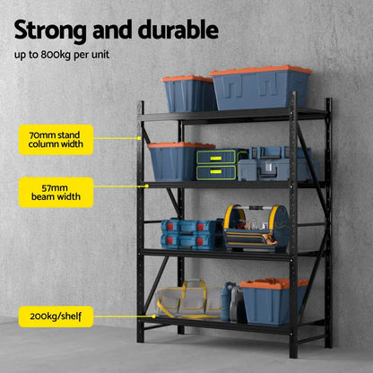 Garage shelving loaded with toolboxes, paint cans, storage bins demonstrating 200kg per shelf capacity