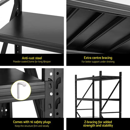 Close-up of Z-bracing reinforcement and safety plug anchoring on industrial garage storage rack