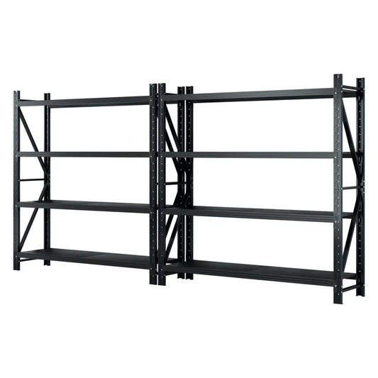 4 meter heavy duty garage shelving system with two connected 2M industrial steel racks rated 200kg per shelf