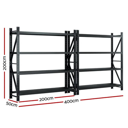 Garage shelving dimensions showing 4M total width with two 2M racks, 50cm depth, and 2M height specifications
