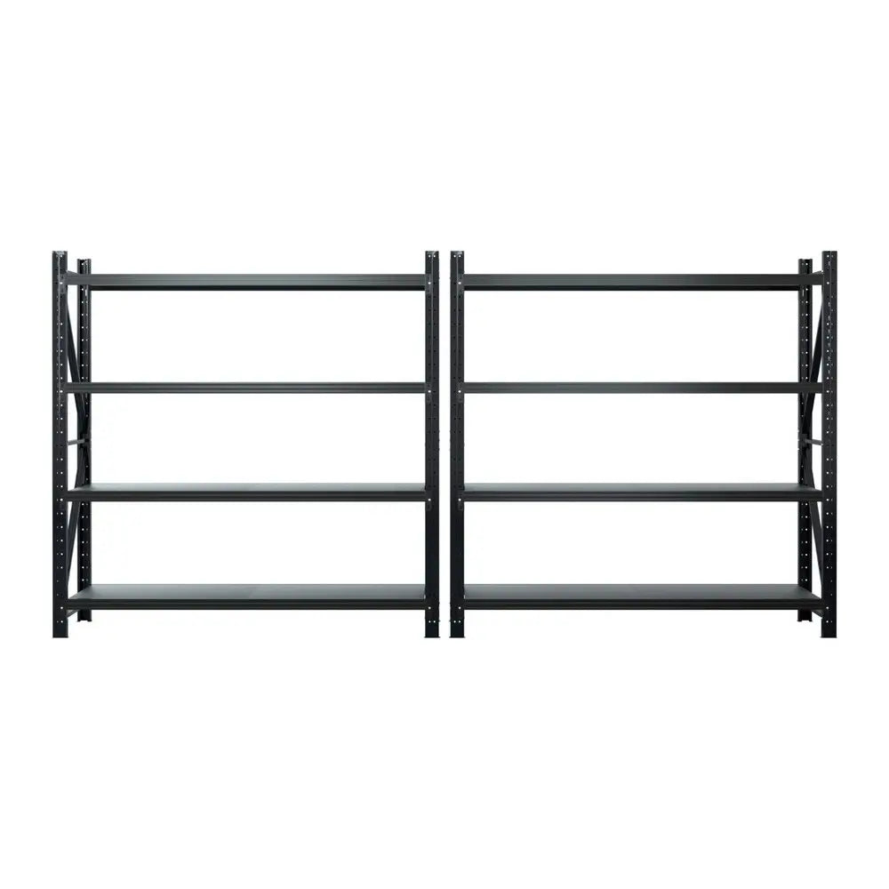 Two 2M garage racks shown separately and combined for 4M continuous storage wall installation options
