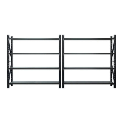 Two 2M garage racks shown separately and combined for 4M continuous storage wall installation options