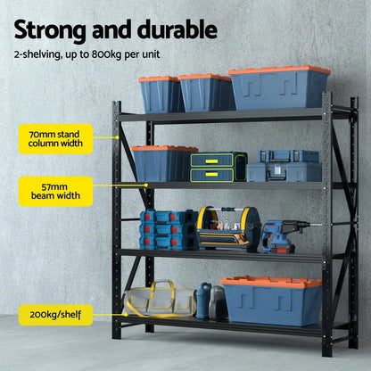 Transformed garage with 4M shelving wall storing tools, paint, automotive supplies and equipment in organized fashion