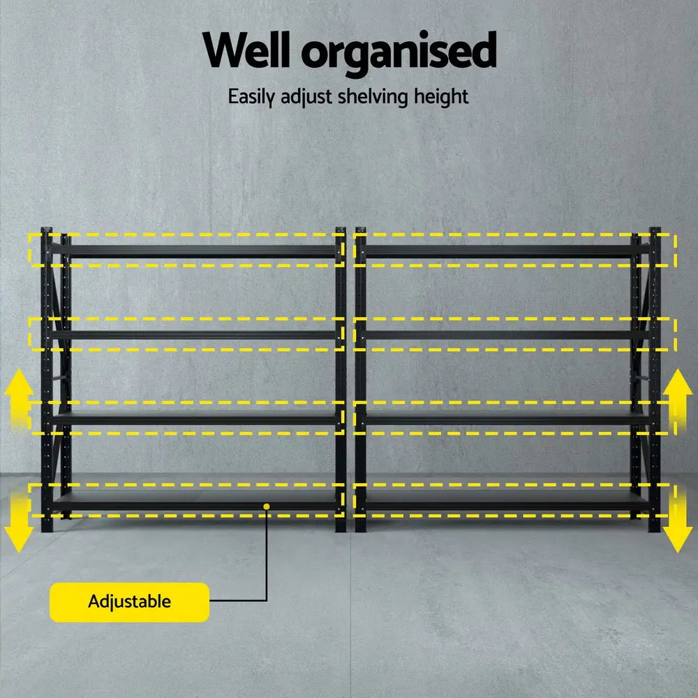 Adjustable shelving configuration showing varying heights for paint cans, toolboxes, and storage tubs