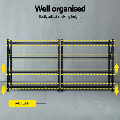 Adjustable shelving configuration showing varying heights for paint cans, toolboxes, and storage tubs