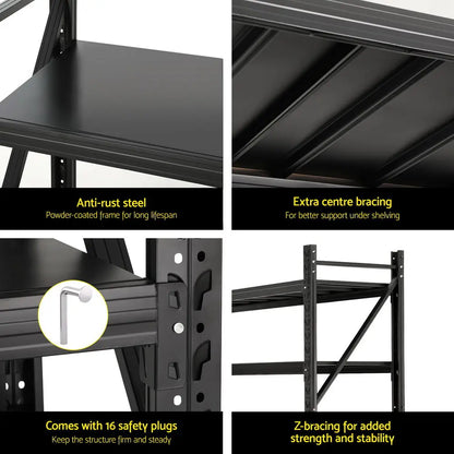 Close-up of Z-bracing reinforcement and safety plug anchoring on industrial garage storage rack