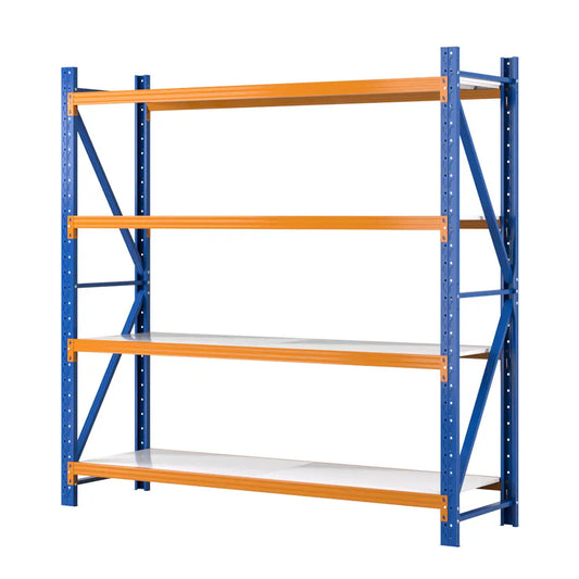 Blue and orange 2 metre tall heavy duty garage shelving unit 200kg capacity