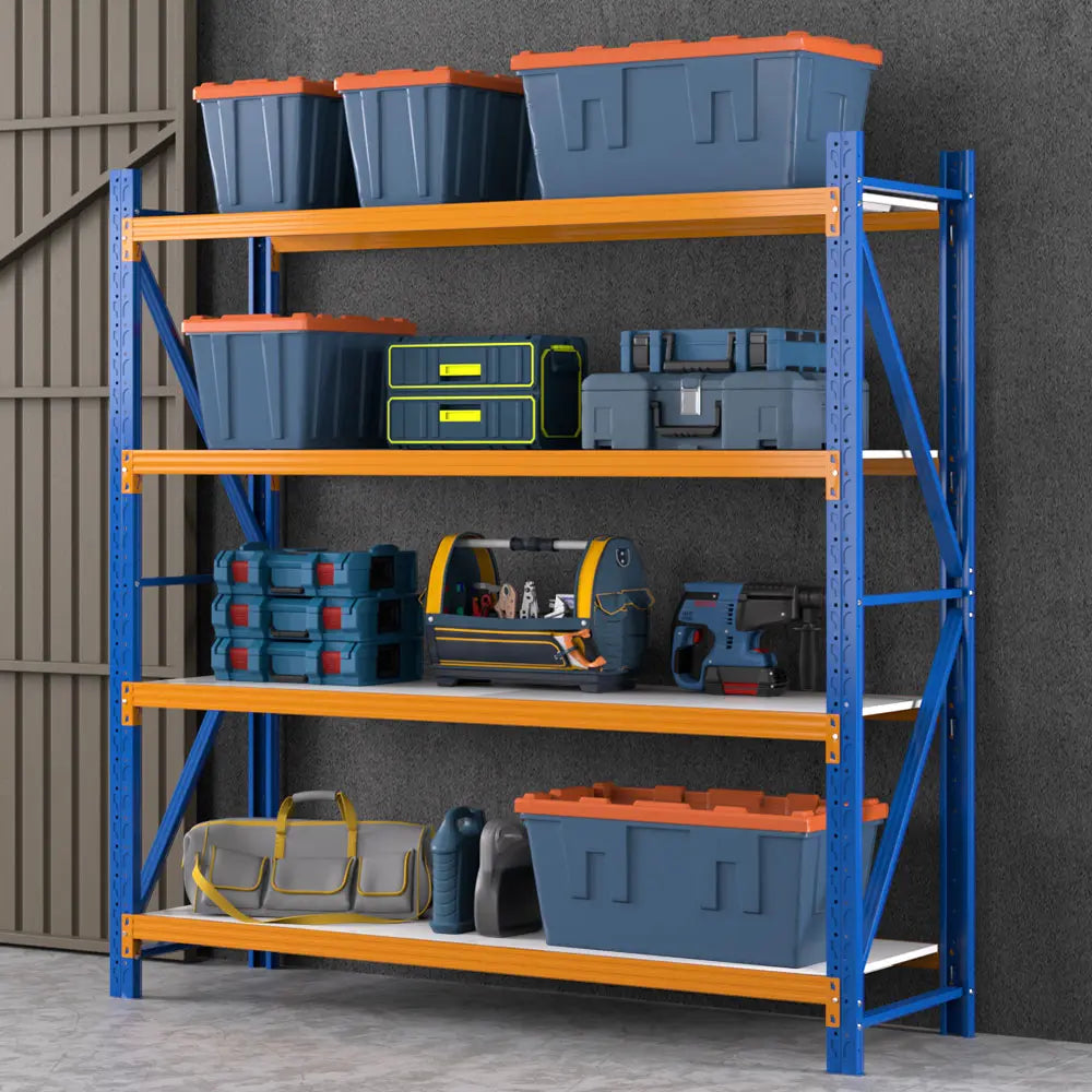 Garage storage shelving rack holding tools and storage containers