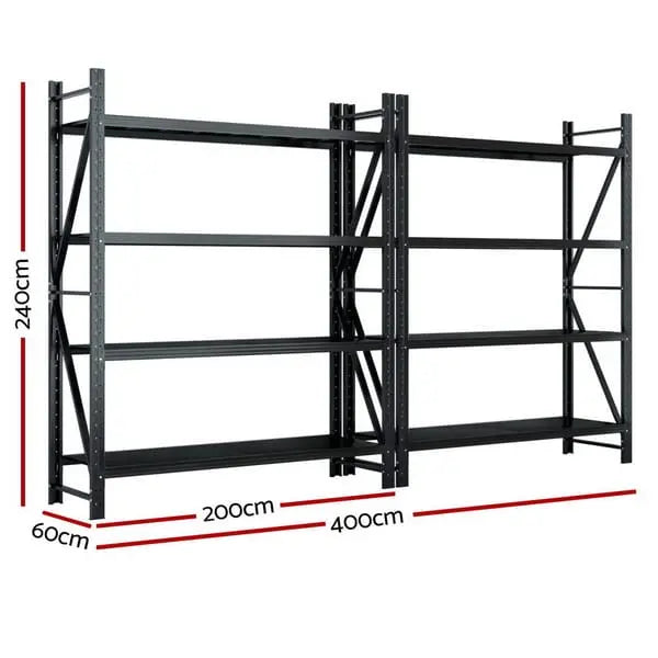 Giantz 4m Warehouse Shelving Rack - 2 Matching Units, 200kg Per Shelf, 2.4m Tall, Z-Brace Black Steel