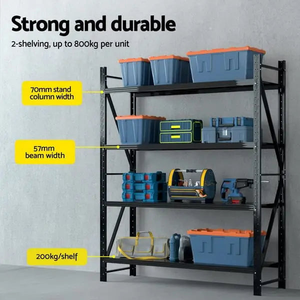 Giantz warehouse shelving rack 2m wide 2.4m tall 200kg per shelf Z-brace black steel powder-coated