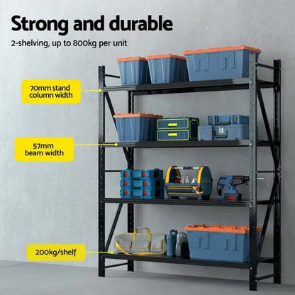 Giantz warehouse shelving rack 2m wide 2.4m tall 200kg per shelf Z-brace black steel powder-coated